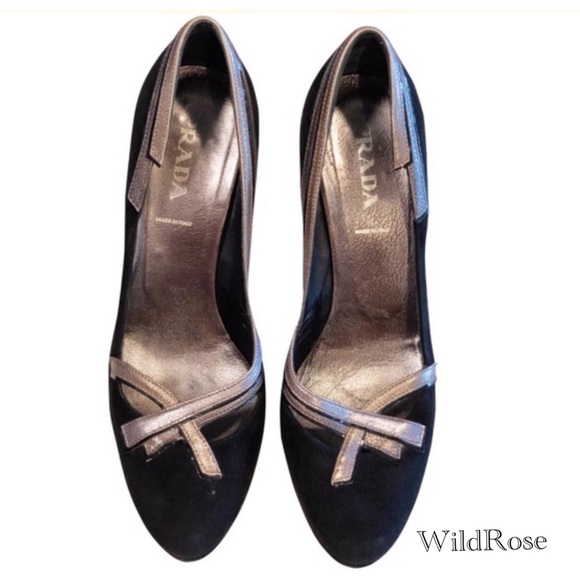 Prada Black Suede DECO Leather Trim Heels 37.5 7 - Picture 1 of 8